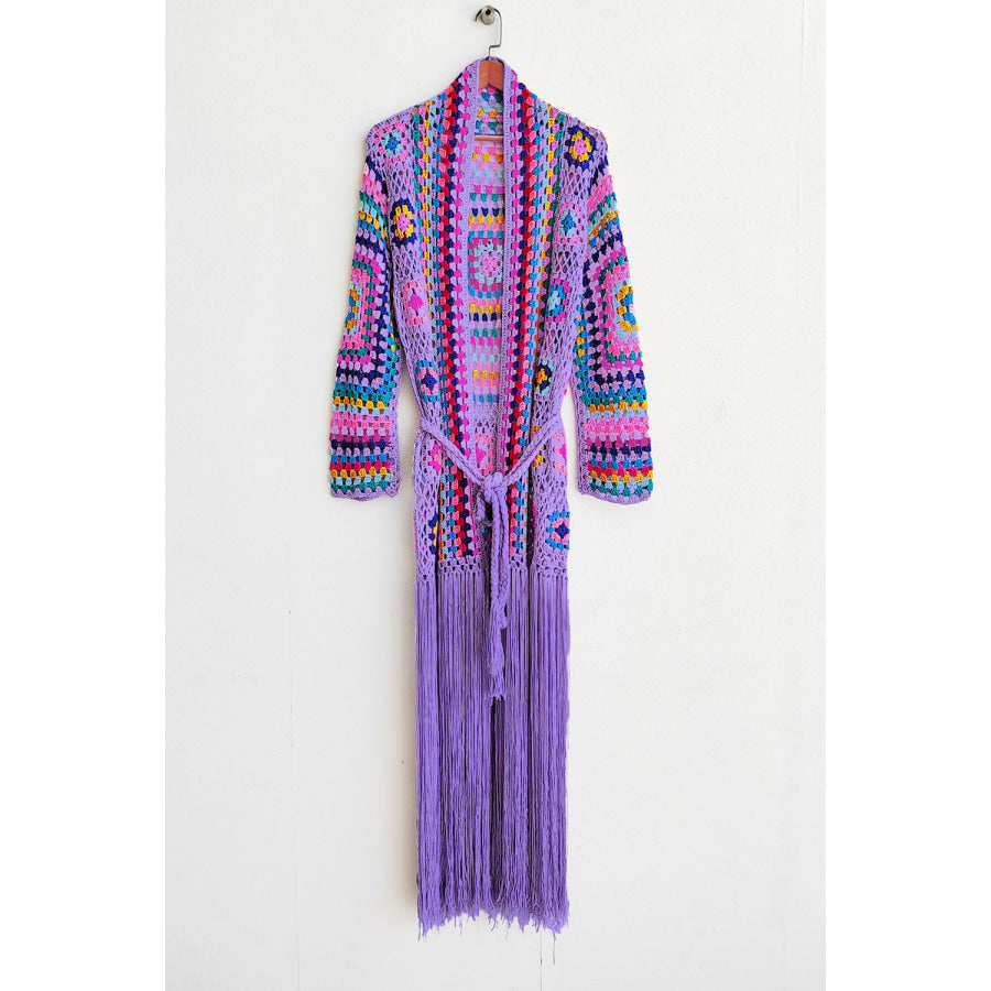 Fringe Tied Long Sleeve Cardigan Lilac / M Apparel and Accessories