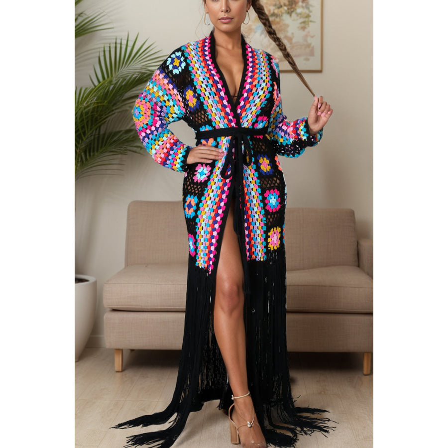 Fringe Tied Long Sleeve Cardigan Black / M Apparel and Accessories