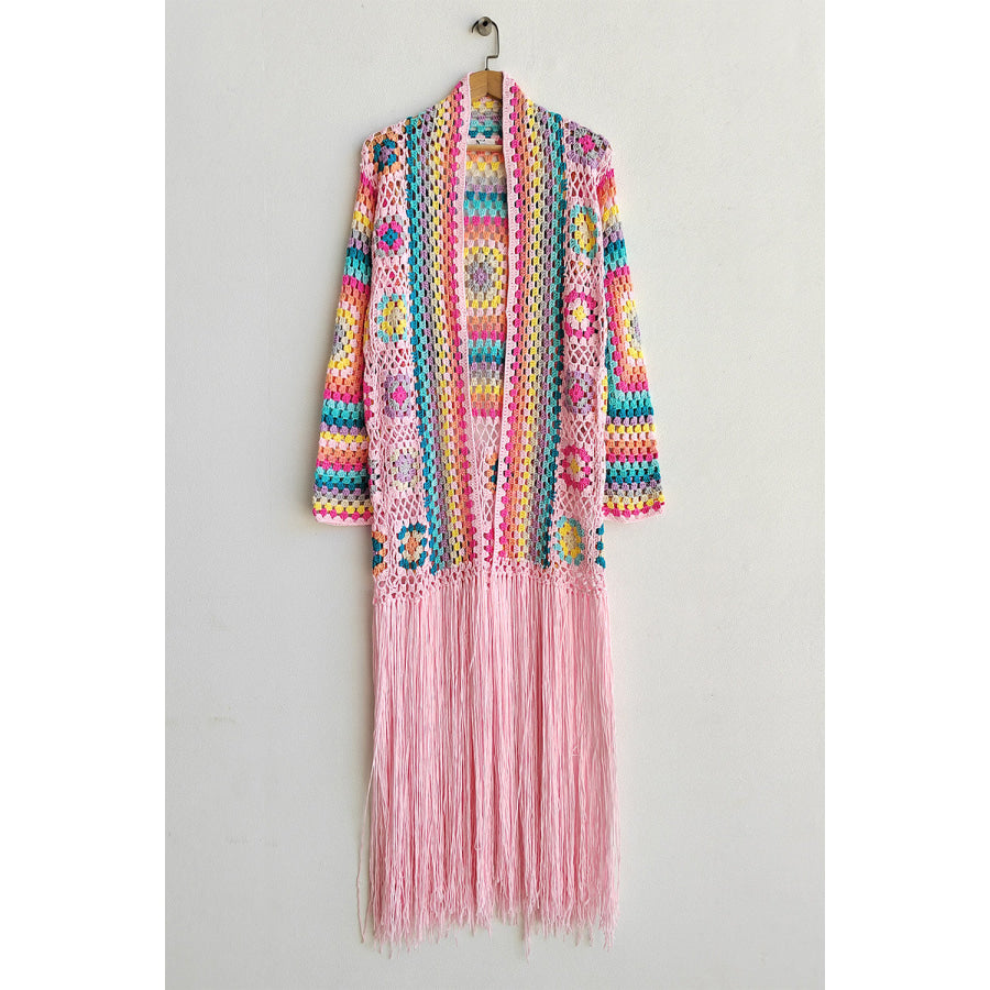 Fringe Tied Long Sleeve Cardigan Blush Pink / M Apparel and Accessories