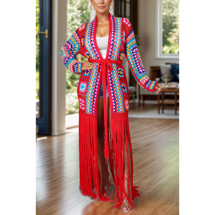 Fringe Tied Long Sleeve Cardigan Deep Red / M Apparel and Accessories