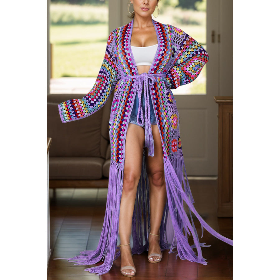 Fringe Tied Long Sleeve Cardigan Lilac / M Apparel and Accessories