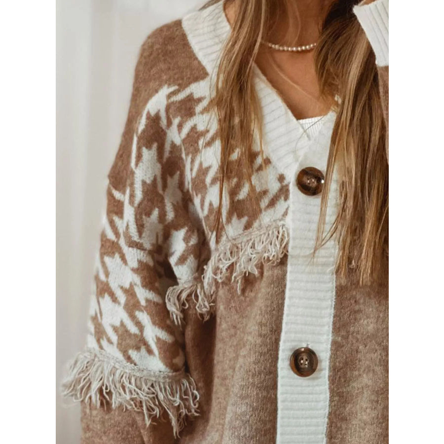 Fringe Trim Button-Up Cardigan Apparel and Accessories