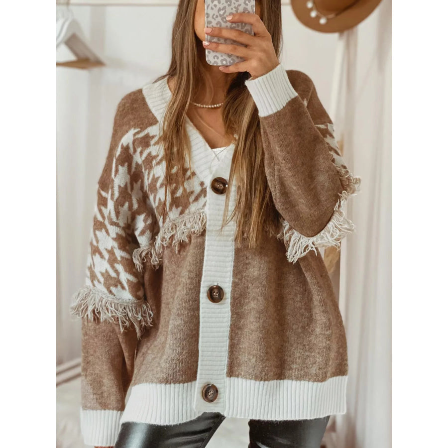 Fringe Trim Button-Up Cardigan Apparel and Accessories