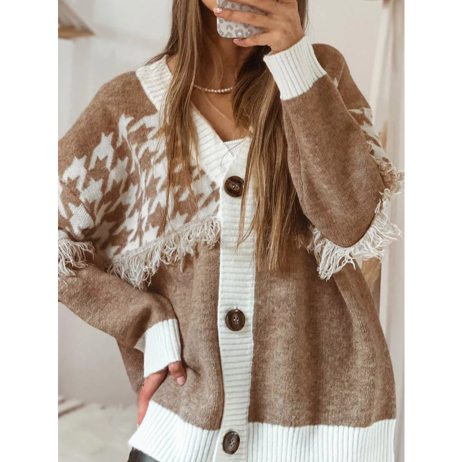 Fringe Trim Button-Up Cardigan Mocha / S Apparel and Accessories