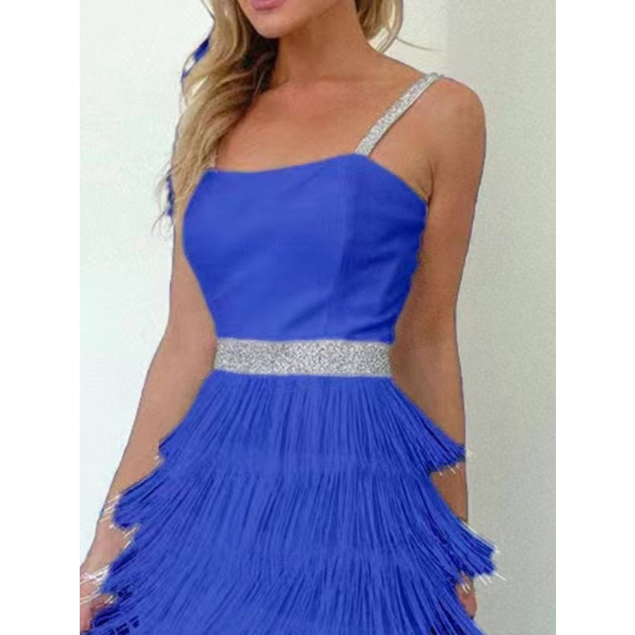 Fringe Trim Cami Mini Dress Blue / S Apparel and Accessories