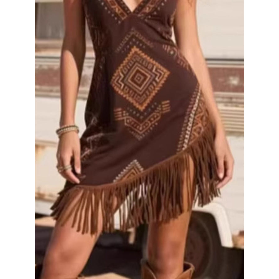 Fringe Trim Geometric Mini Dress Brown / S Apparel and Accessories
