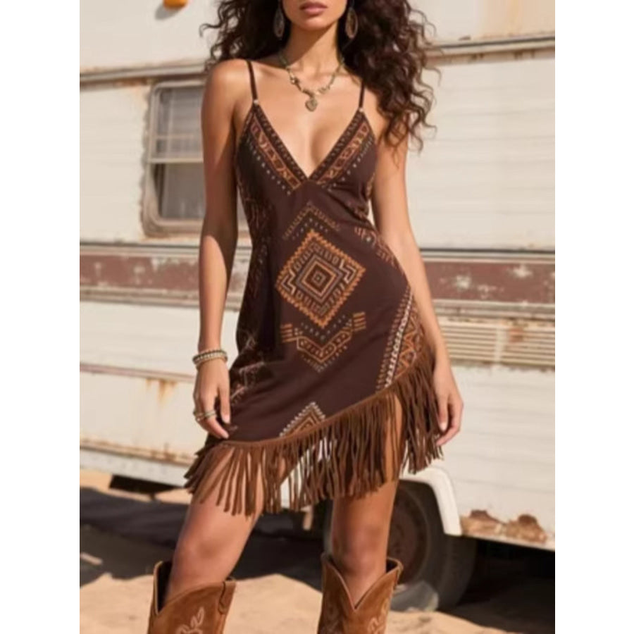 Fringe Trim Geometric Mini Dress Brown / S Apparel and Accessories