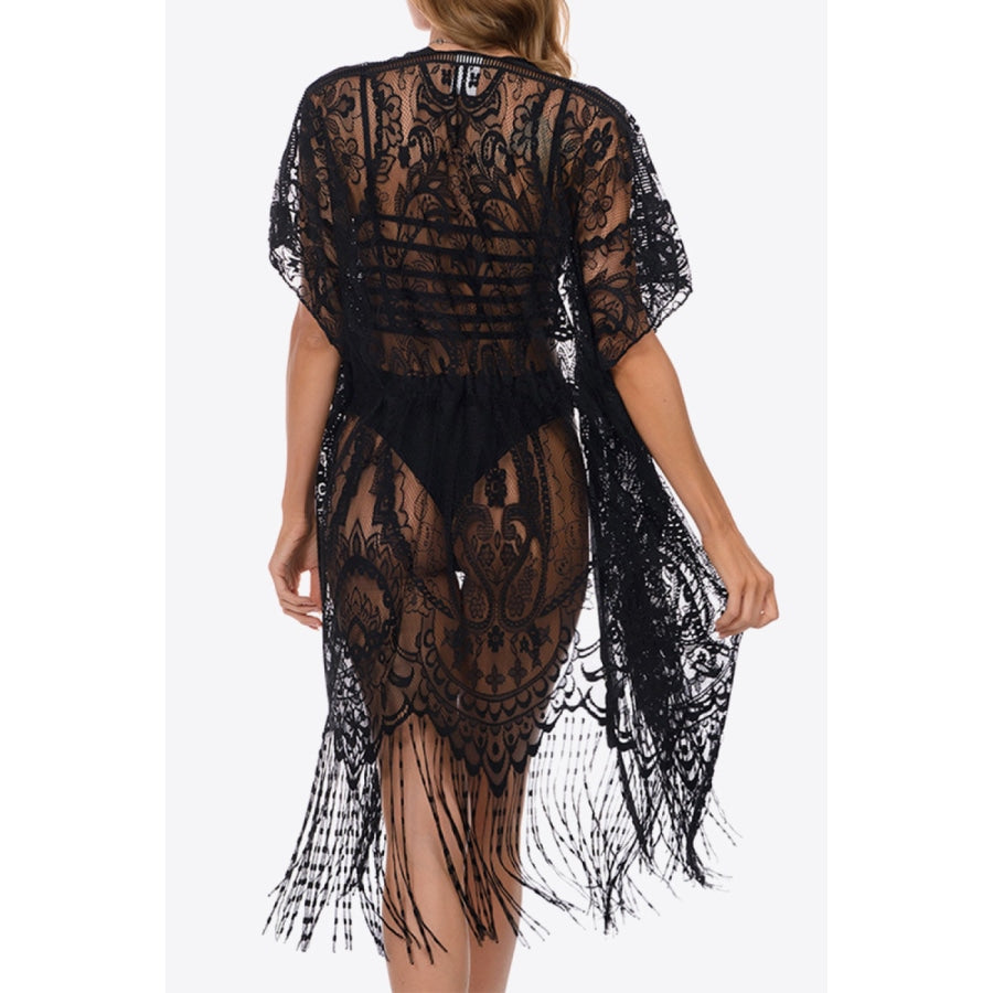 Fringe Trim Lace Cover-Up Dress Black / One Size
