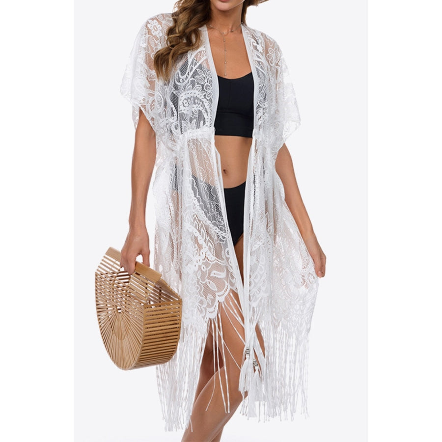 Fringe Trim Lace Cover-Up Dress White / One Size