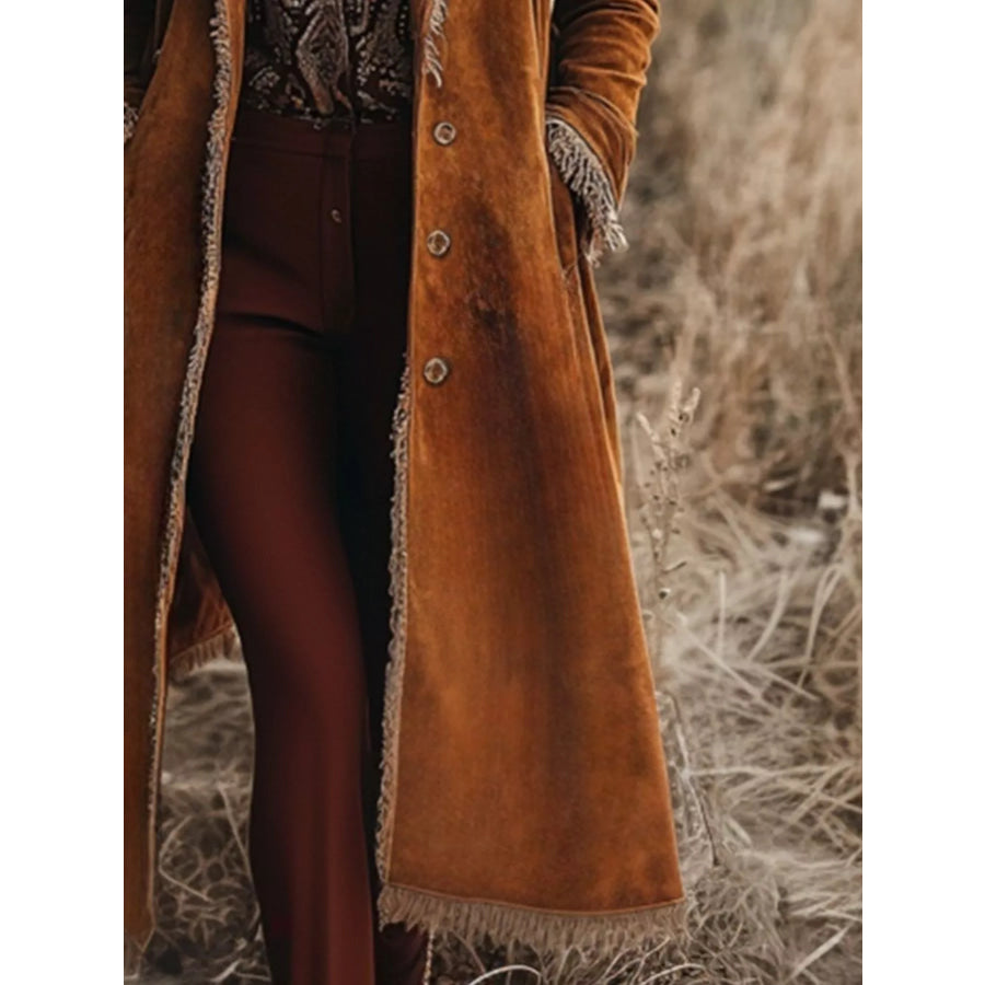 Fringe Trim Longline Outerwear Apparel and Accessories