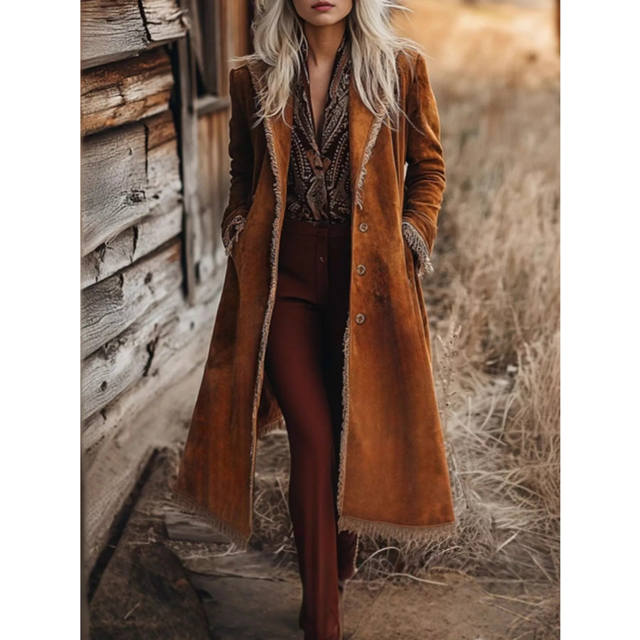 Fringe Trim Longline Outerwear Caramel / S Apparel and Accessories
