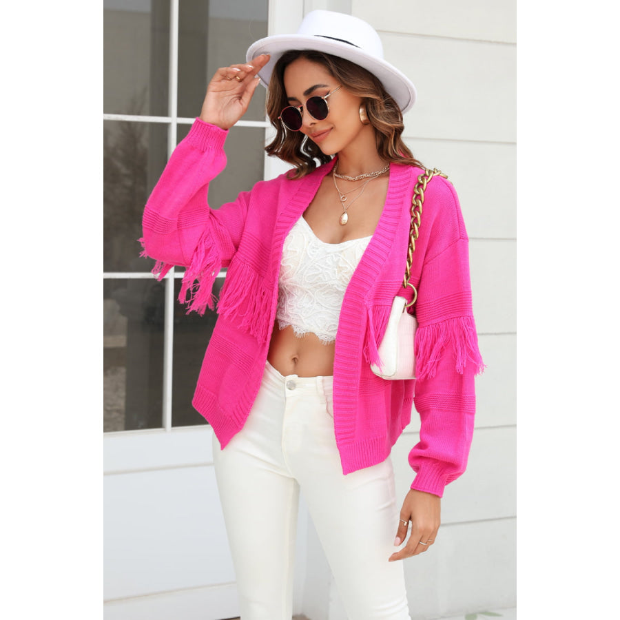 Fringe Trim Open Front Cardigan Hot Pink / S