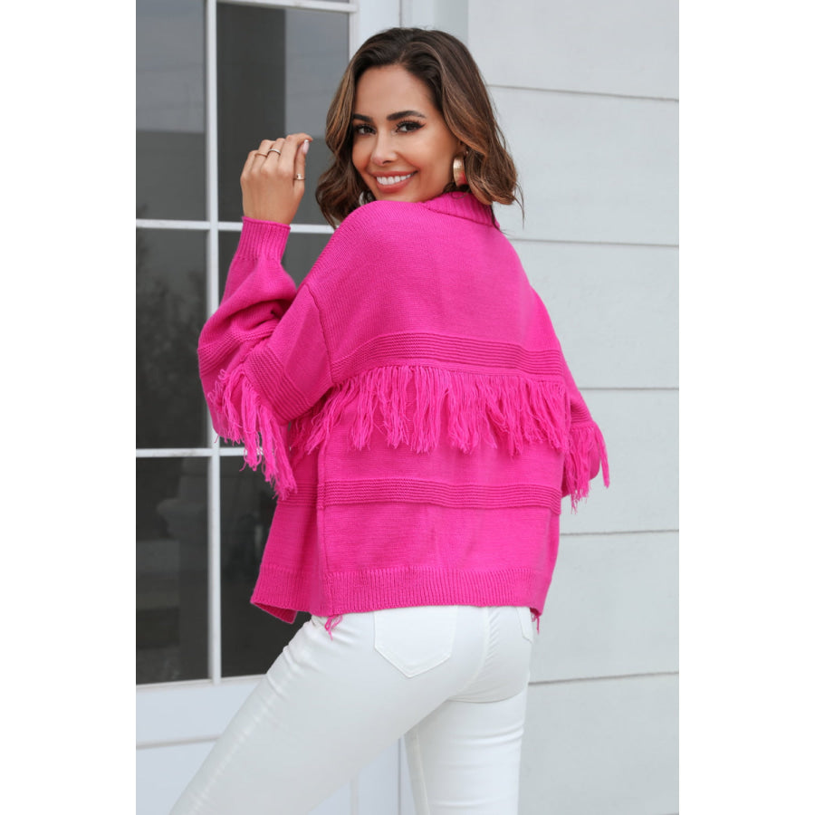 Fringe Trim Open Front Cardigan Hot Pink / S