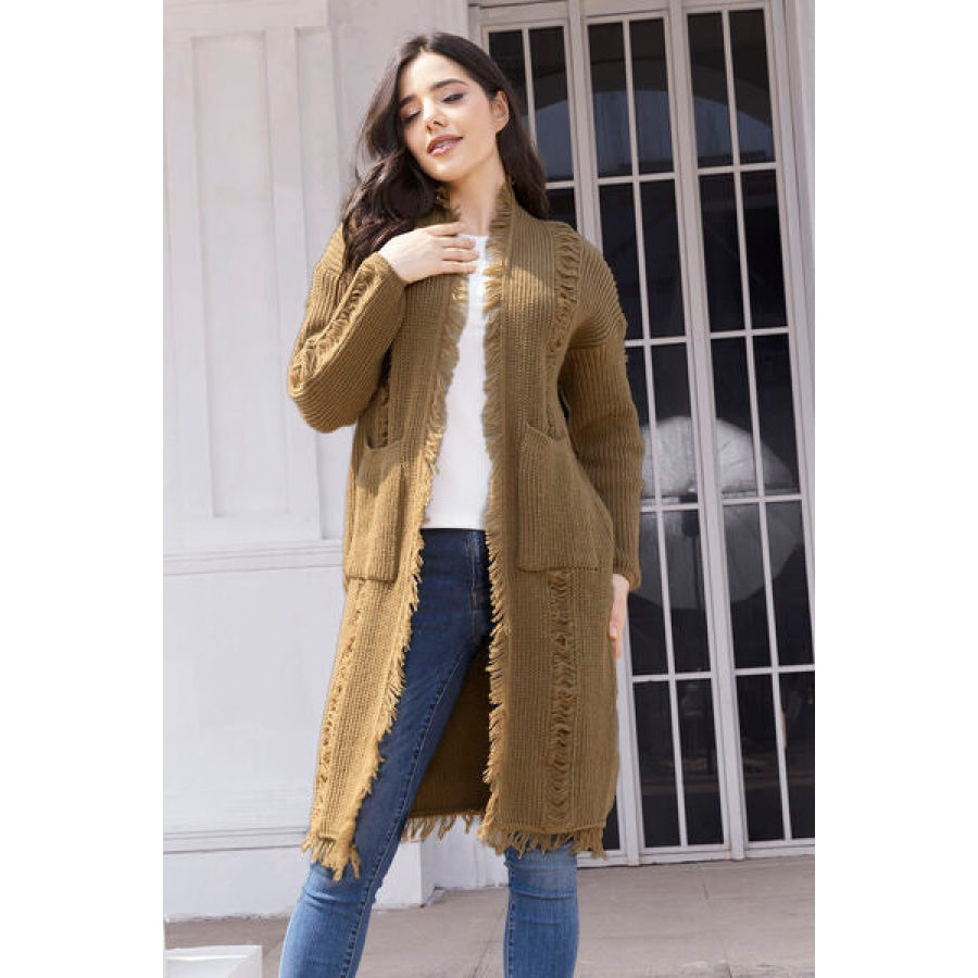 Fringe Trim Open Front Cardigan with Pockets Camel / S Clothing