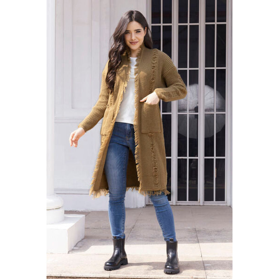 Fringe Trim Open Front Cardigan with Pockets Camel / S Clothing