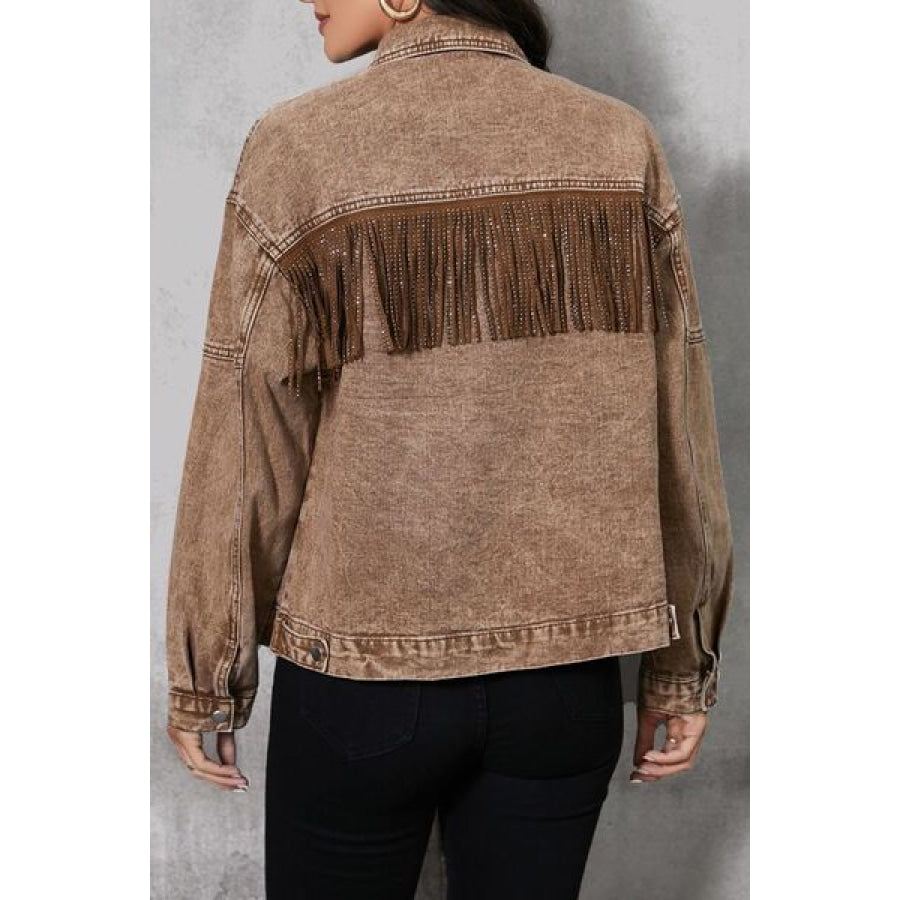 Fringe Trim Snap Down Denim Jacket Taupe / S Clothing