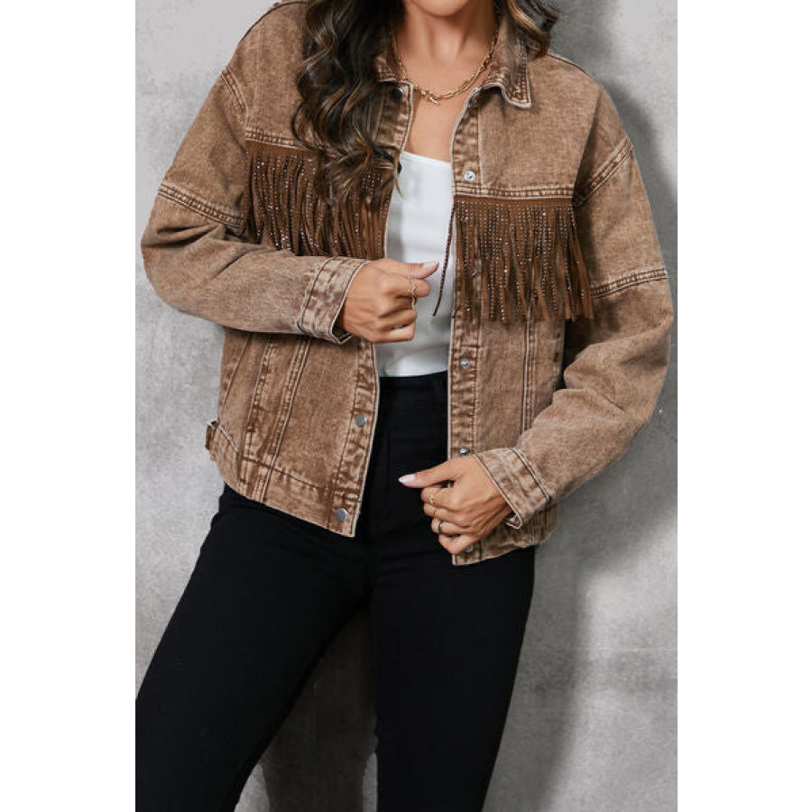 Fringe Trim Snap Down Denim Jacket Taupe / S Clothing