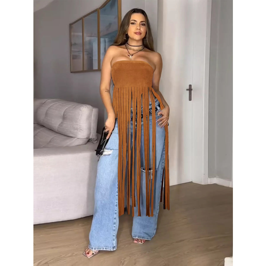 Fringe Trim Tube Top Caramel / S Apparel and Accessories