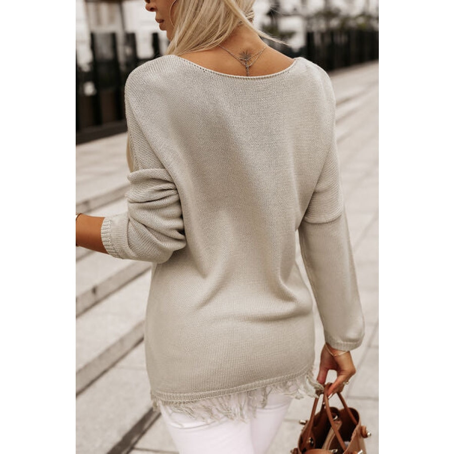 Fringe Trim V-Neck Pullover Sweater Clothing