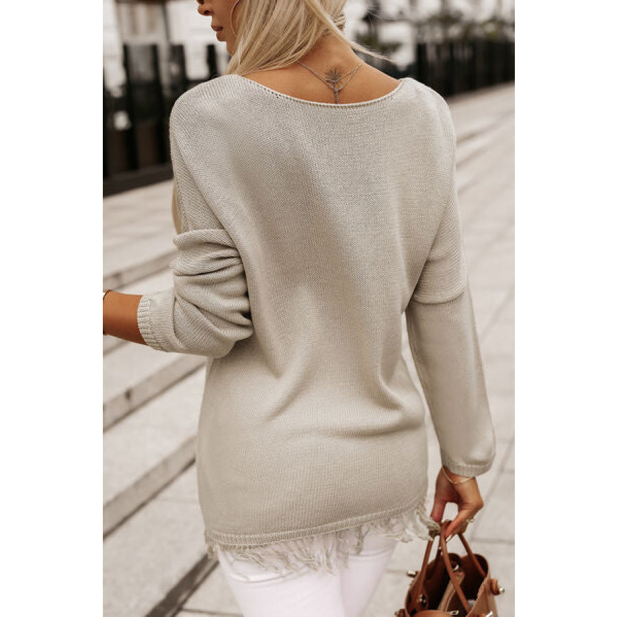 Fringe Trim V-Neck Pullover Sweater Dust Storm / S Clothing