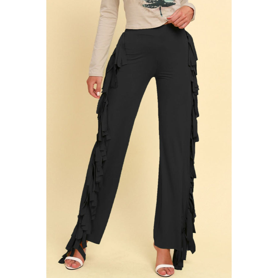 Fringe Trim Wide Leg Pants Black / S