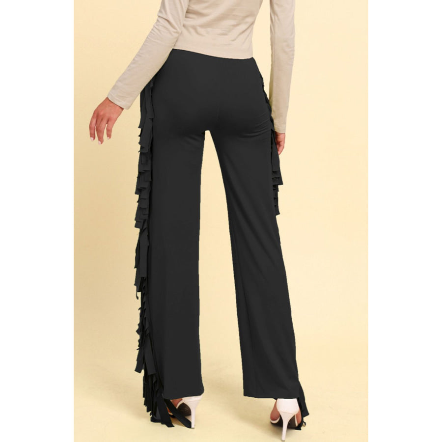 Fringe Trim Wide Leg Pants Black / S
