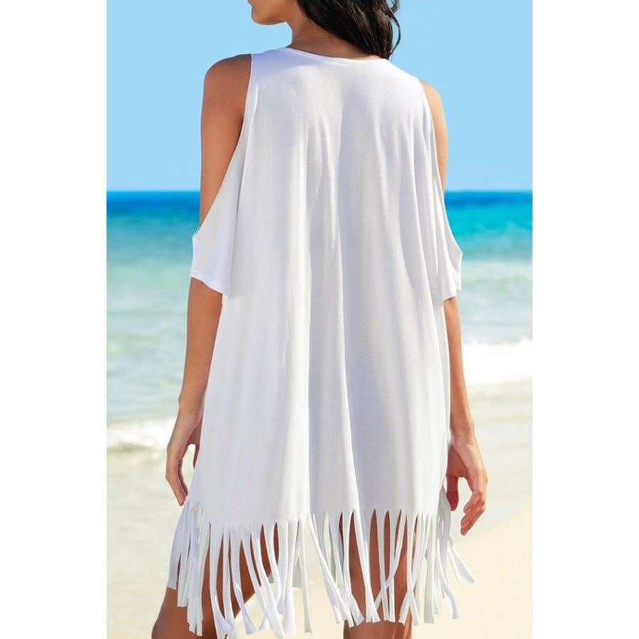 Fringe V - Neck Cold Shoulder Cover Up White / One Size Apparel and Accessories