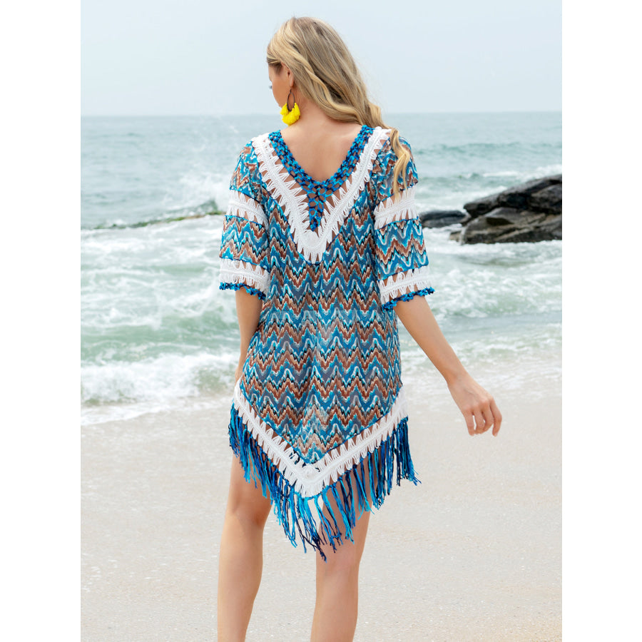 Fringe V-Neck Half Sleeve Cover-Up Apparel and Accessories