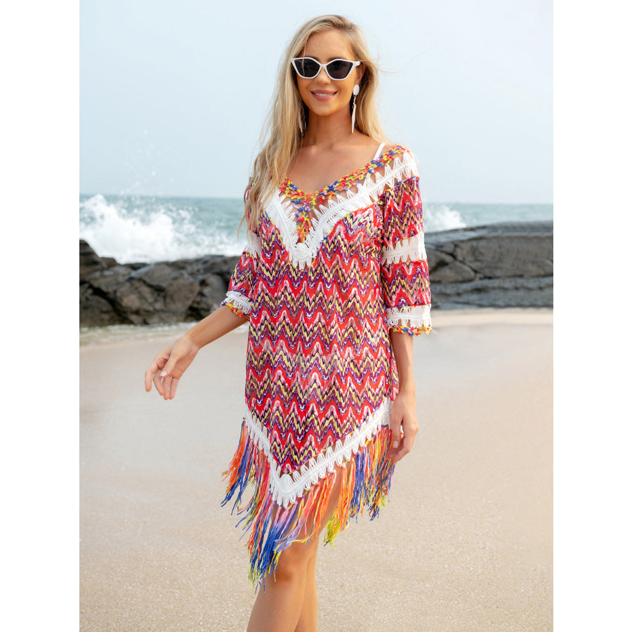 Fringe V-Neck Half Sleeve Cover-Up Strawberry / One Size Apparel and Accessories