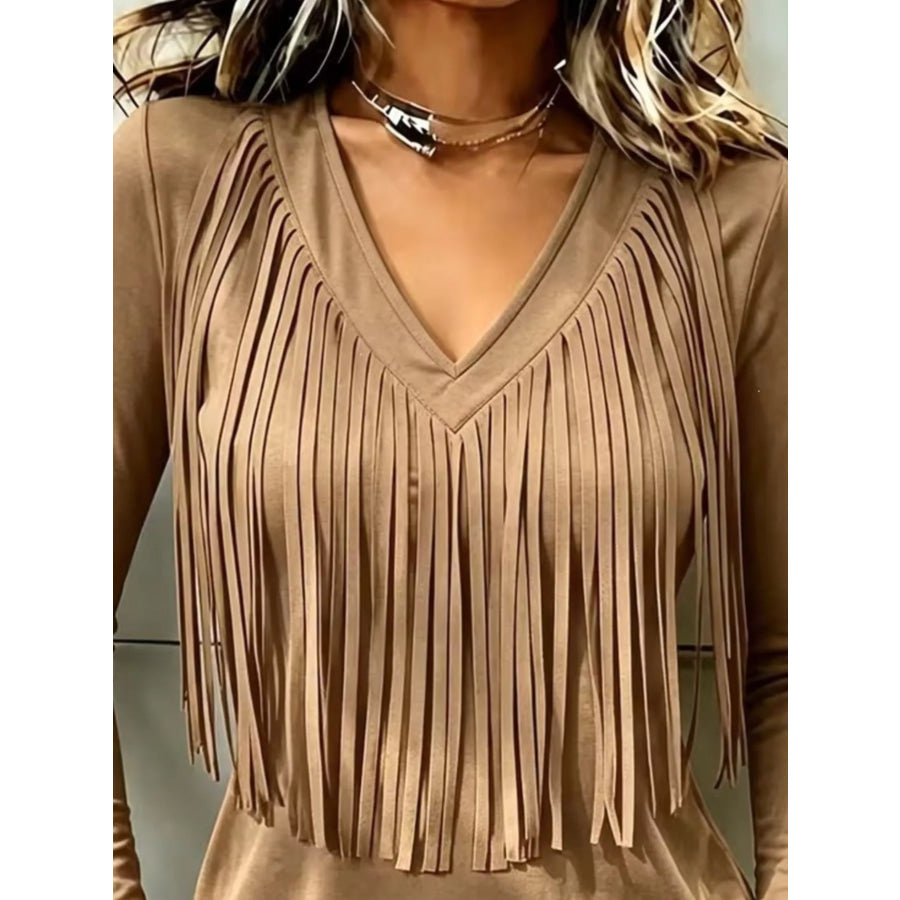Fringe V-Neck Long Sleeve T-Shirt Apparel and Accessories
