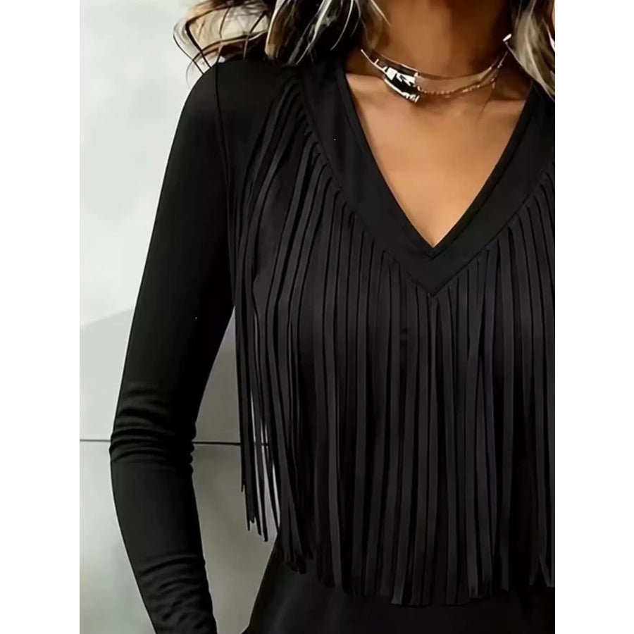 Fringe V-Neck Long Sleeve T-Shirt Apparel and Accessories