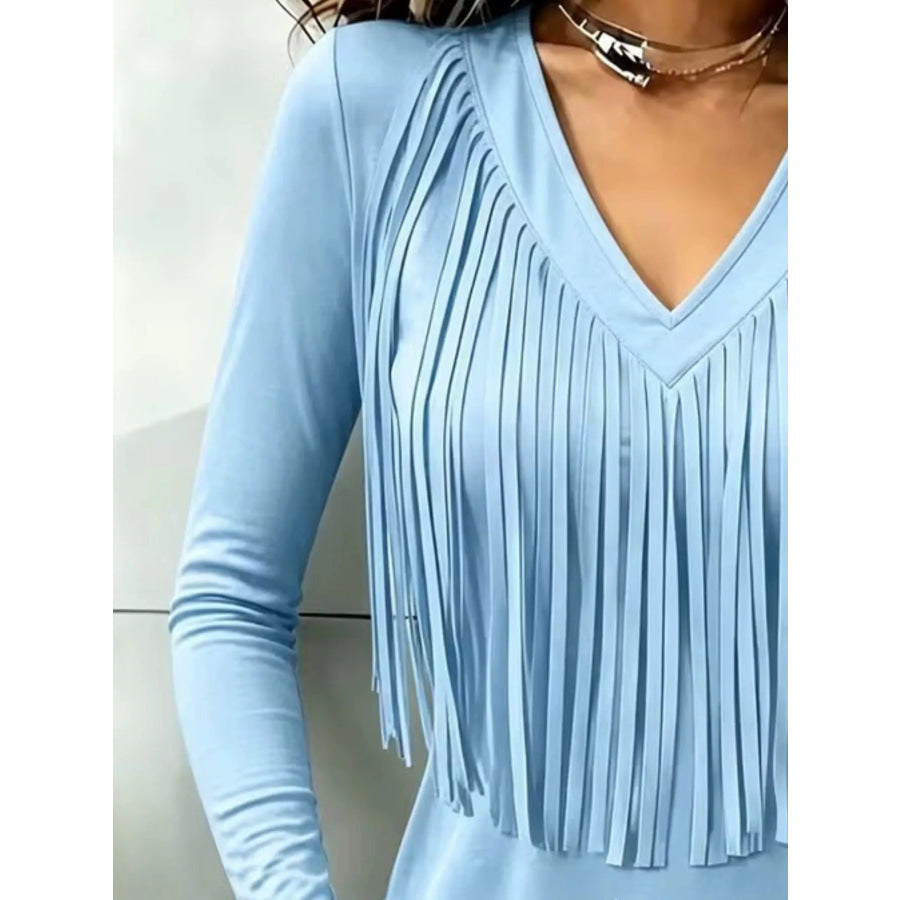 Fringe V-Neck Long Sleeve T-Shirt Apparel and Accessories