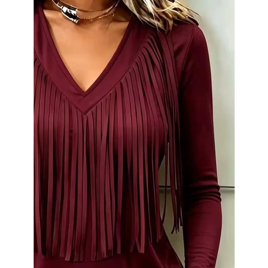 Fringe V-Neck Long Sleeve T-Shirt Apparel and Accessories
