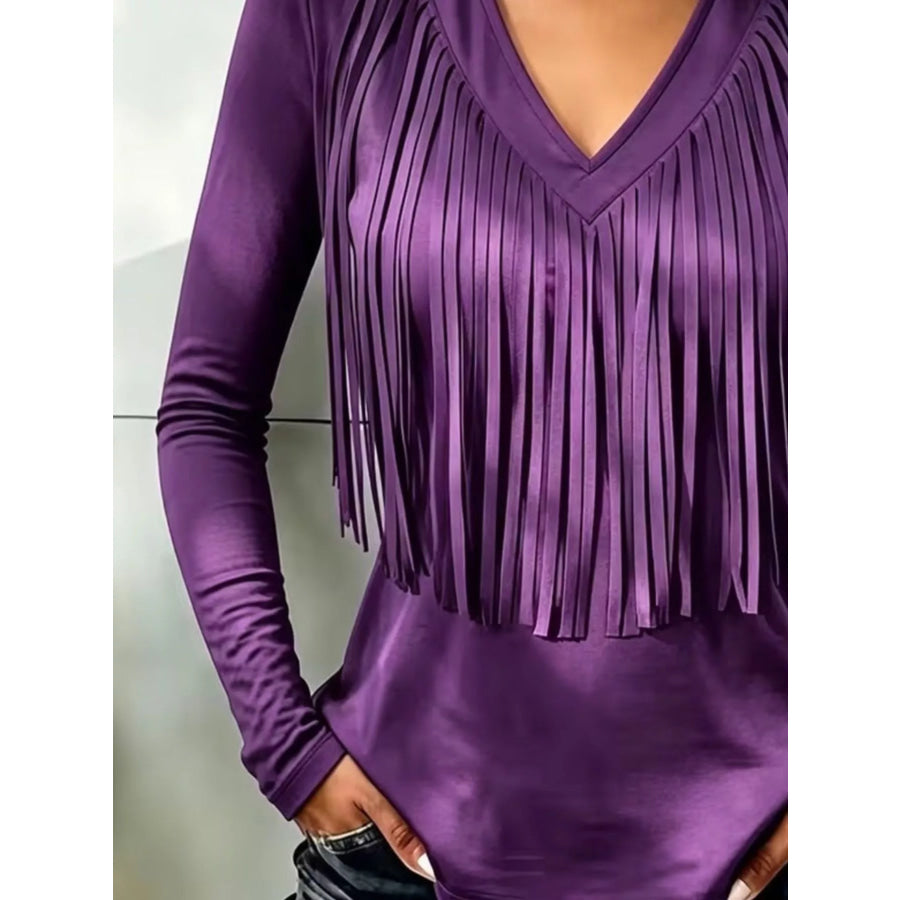 Fringe V-Neck Long Sleeve T-Shirt Apparel and Accessories