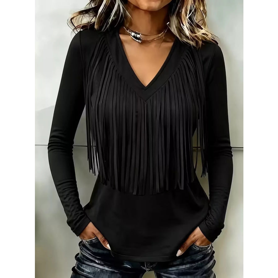 Fringe V-Neck Long Sleeve T-Shirt Black / S Apparel and Accessories