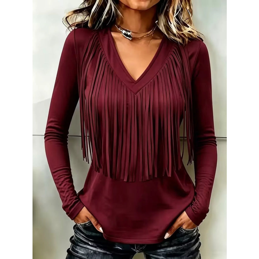 Fringe V-Neck Long Sleeve T-Shirt Burgundy / S Apparel and Accessories