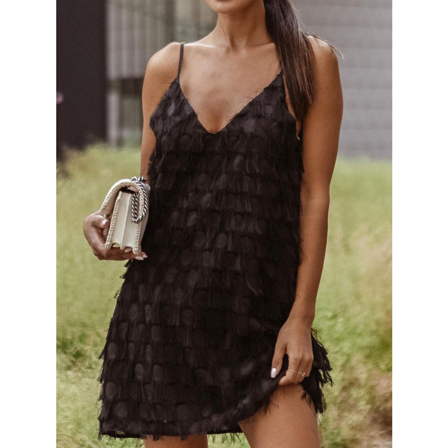 Fringe V - Neck Mini Cami Dress Black / S Apparel and Accessories
