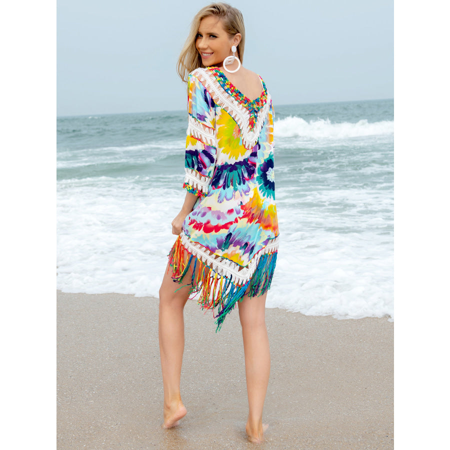 Fringe V-Neck Three-Quarter Sleeve Cover Up Multi Color / One Size Apparel and Accessories