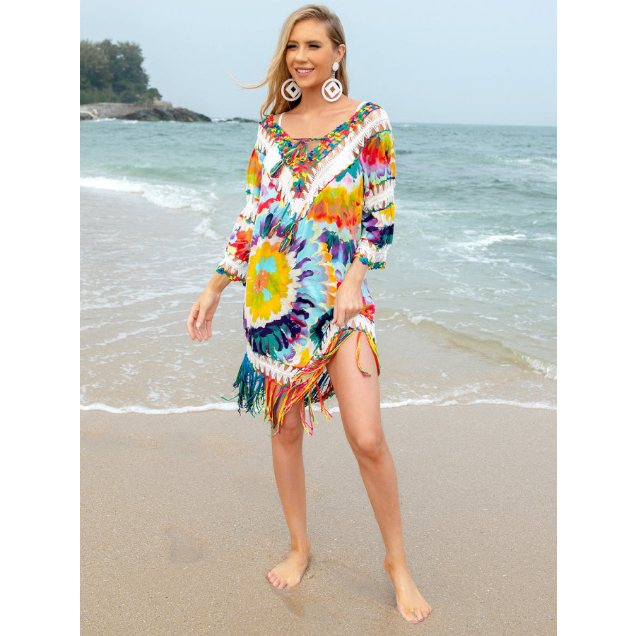 Fringe V-Neck Three-Quarter Sleeve Cover Up Multi Color / One Size Apparel and Accessories