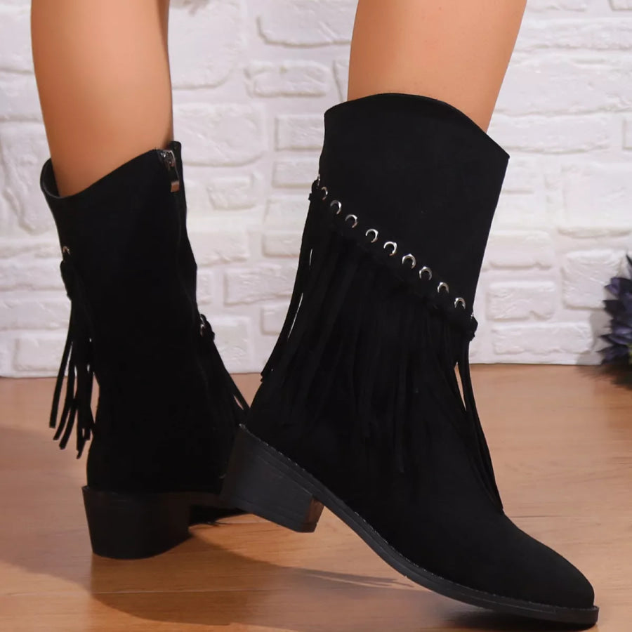 Fringe Western Block Heel Boots Black / 36 Apparel and Accessories