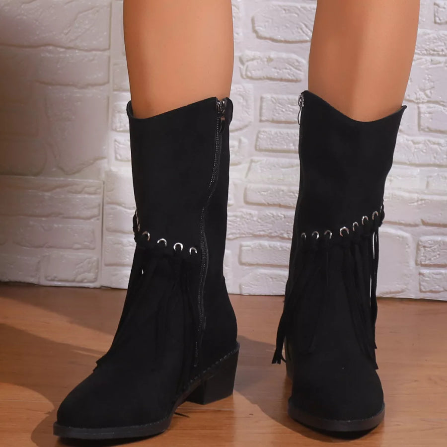 Fringe Western Block Heel Boots Black / 36 Apparel and Accessories
