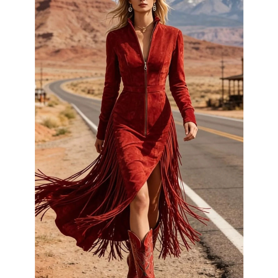 Fringe Zip-Front Midi Dress Apparel and Accessories