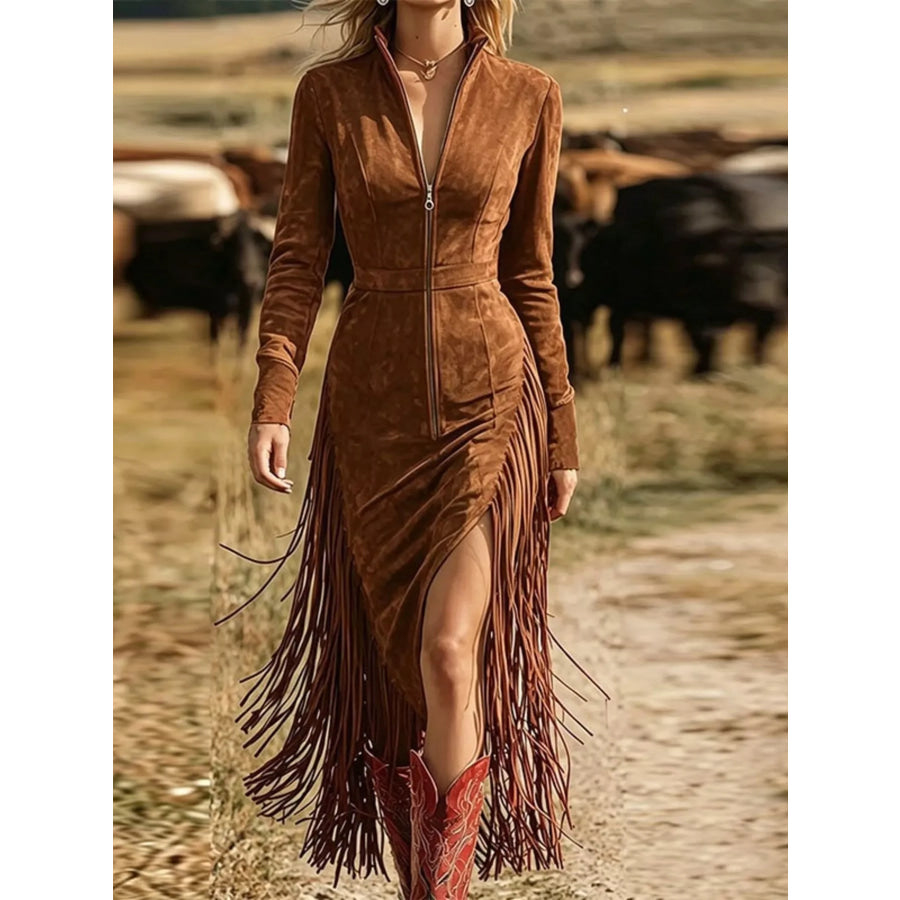 Fringe Zip-Front Midi Dress Brown / S Apparel and Accessories