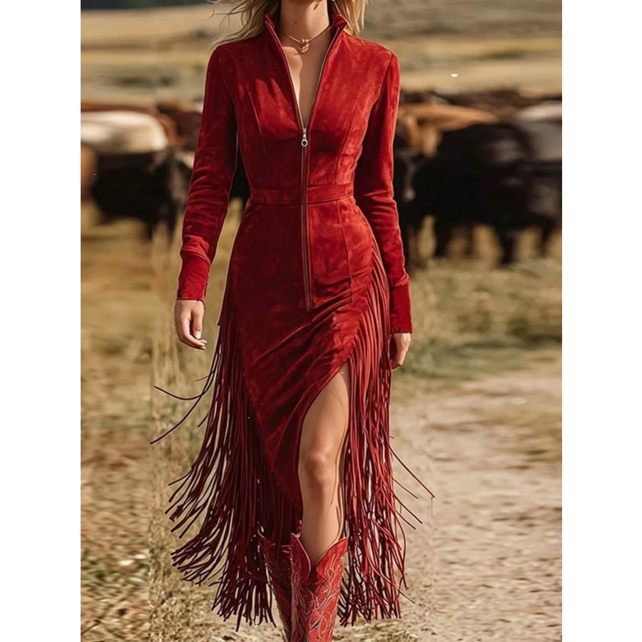 Fringe Zip-Front Midi Dress Red / S Apparel and Accessories