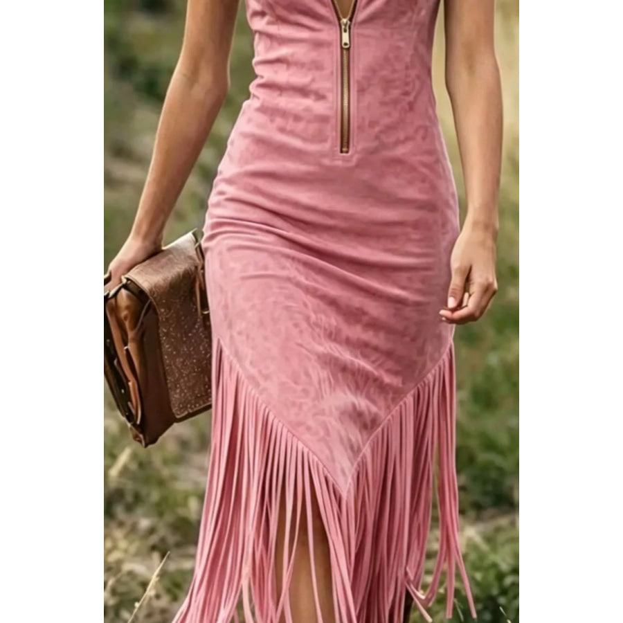 Fringe Zip Front Sleeveless Dress Apparel and Accessories