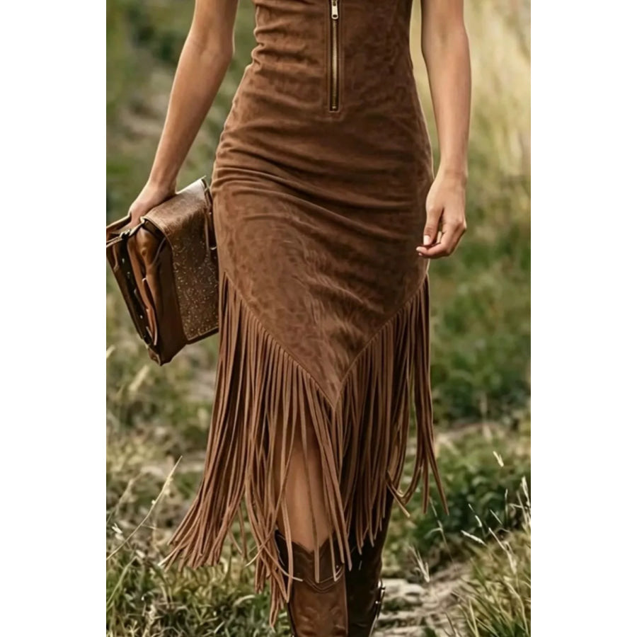 Fringe Zip Front Sleeveless Dress Apparel and Accessories