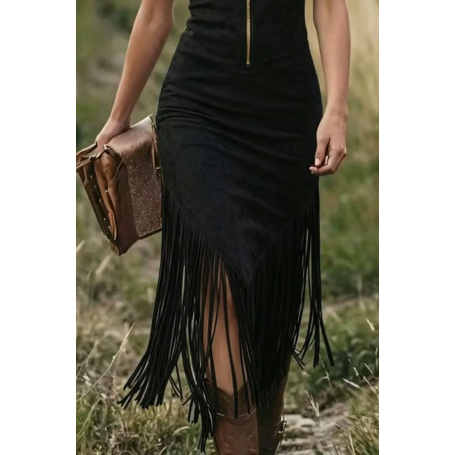 Fringe Zip Front Sleeveless Dress Apparel and Accessories