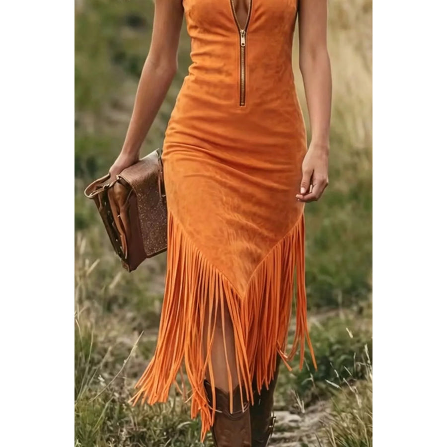 Fringe Zip Front Sleeveless Dress Apparel and Accessories