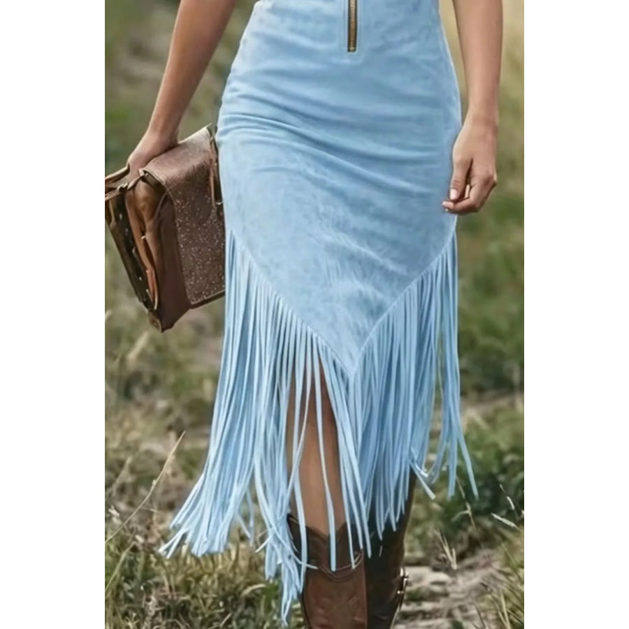 Fringe Zip Front Sleeveless Dress Apparel and Accessories