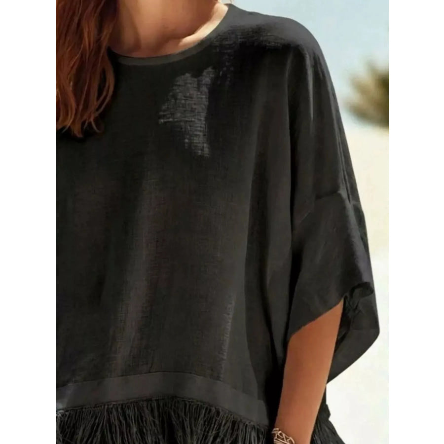 Fringed 3/4 Sleeve Blouse Apparel and Accessories